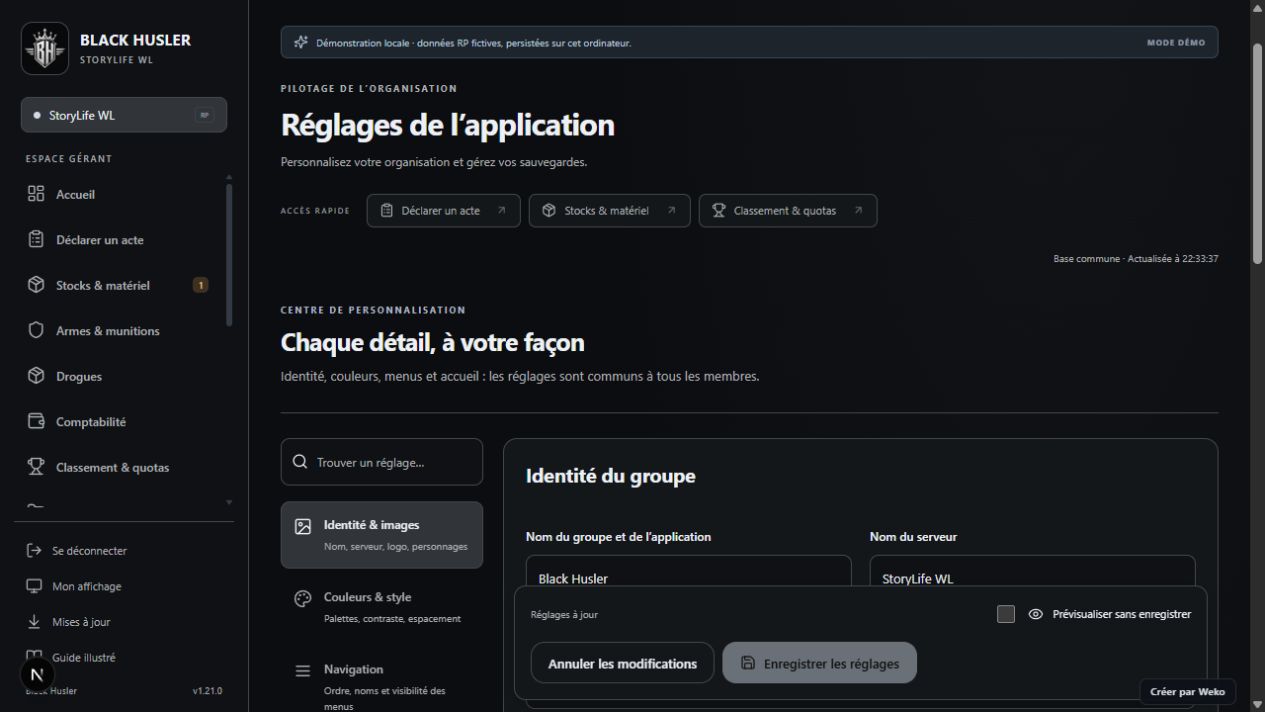 Réglages de l’application, sur une base fictive de démonstration.