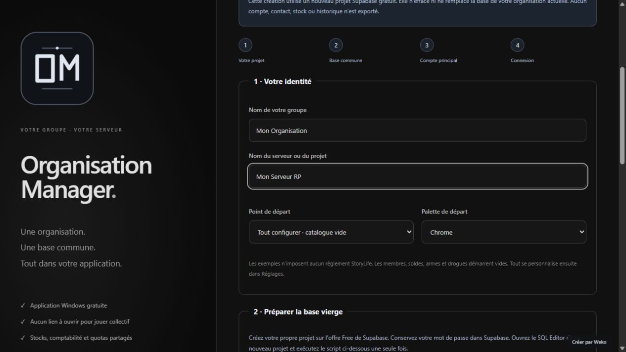 L’assistant intégré, avec les noms d’exemple « Mon Organisation » et « Mon Serveur RP ».