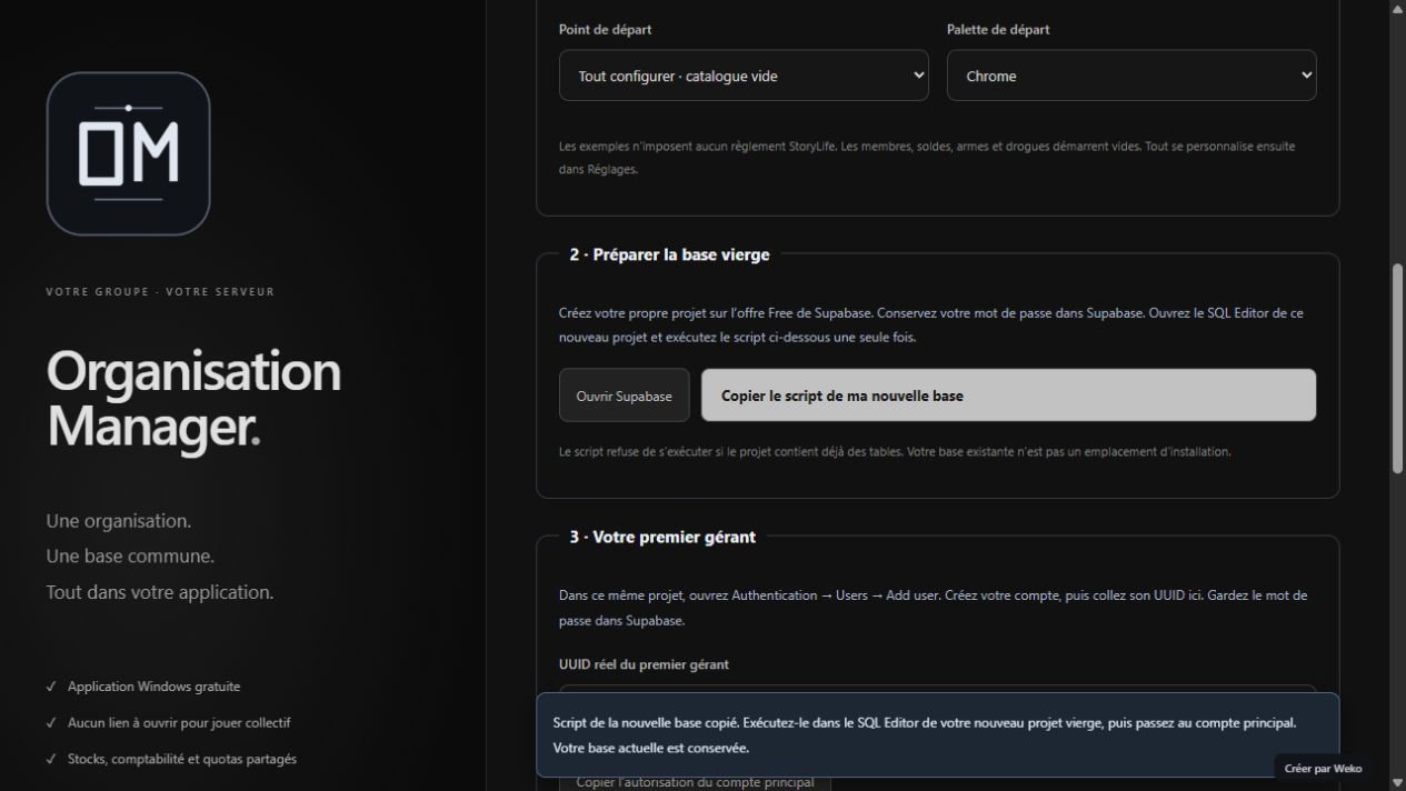Le bouton copie un script adapté au nom et au catalogue choisis.